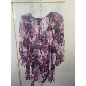 Lane Bryant Purple Floral Watercolor Chiffon Lace Up Blouse Plus Size 18/20 Boho